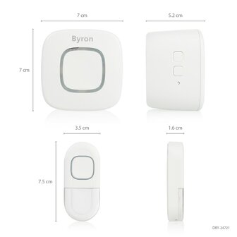 Byron DBY-24721 draadloze deurbel set volledig op batterijen wit afmetingen