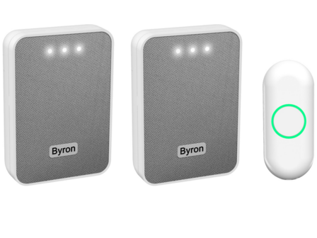 Byron DBY-22324 draadloze deurbel met twee ontvangers voorkant twee ontvangers en beldrukker
