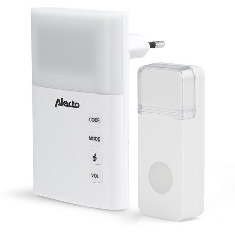 Alecto ADB-19 draadloze deurbel met flitslicht wit voorkant beldrukker en ontvanger