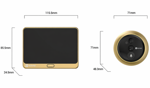 Ezviz DP2C draadloze digitale deurspion met camera en scherm goud afmetingen